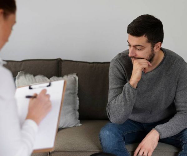 Man discussing trauma symptoms with therapist during counseling in Nashville.