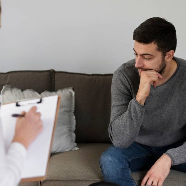 Man discussing trauma symptoms with therapist during counseling in Nashville.