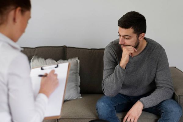 Man discussing trauma symptoms with therapist during counseling in Nashville.